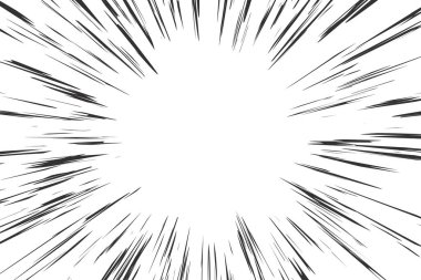 Komik hız çizgileri etkisi. Manga radyal patlama arka planı. Vektör anime patlaması. Işınların perspektif hareketi. Süper kahraman çerçevesi. Soyut patlama çığlığı ve parıltı. Darbe merkezi.