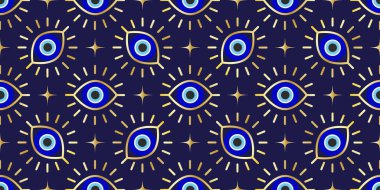 Kem göz kusursuz desen. Mavi boncuklu ve sihirli nazarlı Türk vektör arka planı. Gizemli Yunan tılsımı koruma ve şansın sembolüdür. Arapça ve Akdeniz etnik duvar kağıdı