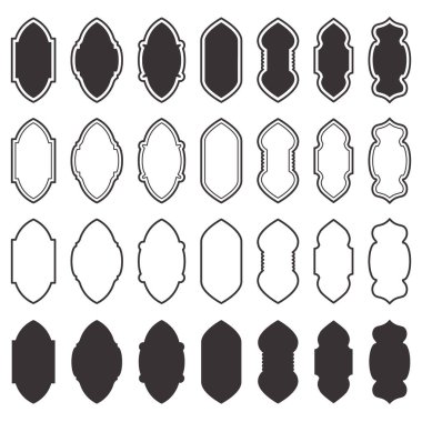 Ramazan çerçeve şekilleri ayarlandı. Hint pencere tasarımı. Süslü Türk İslami kemeri. Vektör arabesk kapı simgeleri. Müslüman doğulu mimari unsurları. Etiket etiketi siluetleri. Geleneksel işaretler