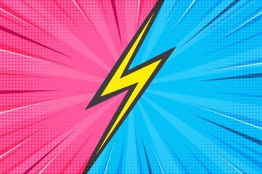 Patlamalı çizgi roman süper kahraman geçmişi. Popüler sanat retro vektör çerçevesi patlama etkisiyle. Pembe ve mavi, güneş patlamasına karşı yarım ton desenli çizgili parlak poster..