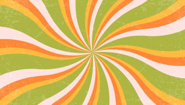 Psikedelik girdap desenli spiral arka plan. Vintage desenli vektör harika güneş ışınları. 70 'lerin yeşil ve turuncu bg' si. Dalgalı çizgileri var. Hipnotize edici bir yaz posteri.
