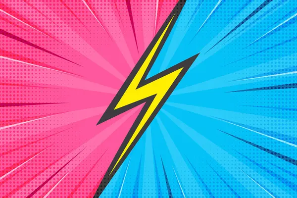 Patlamalı çizgi roman süper kahraman geçmişi. Popüler sanat retro vektör çerçevesi patlama etkisiyle. Pembe ve mavi, güneş patlamasına karşı yarım ton desenli çizgili parlak poster..