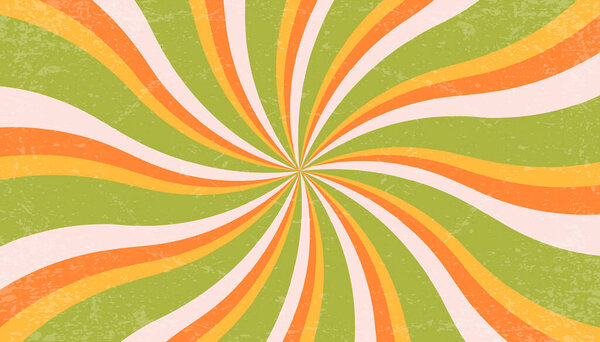 Спиральный ретро фон с психоделическим рисунком вихря. Векторные солнечные лучи с винтажной текстурой. Абстрактные 70-е зеленые и оранжевые боги с восковыми полосками. Летний гипнотический плакат.