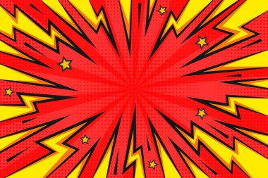 Yıldırım enerjisi karikatür vektör arka planı. Gök gürültüsü koyu soyut patlama, yarım ton etkisi ve hız çizgileri. Poster için çizgi roman tasarımı şablonu. Patlama parlak bir illüstrasyon oluşturdu