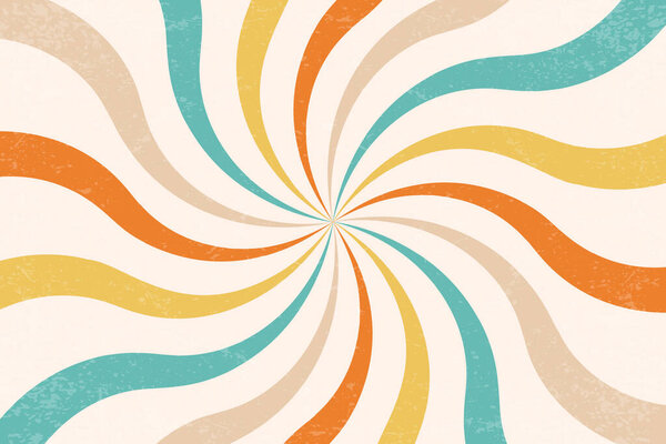 Ретро спиральный рисунок с крутыми солнечными лучами. Радиальные вихревые лучи с гранжевой текстурой. Винтажный абстрактный дизайн 70-х годов с вихревыми полосами. Векторный летний фон с изогнутыми концентрическими линиями