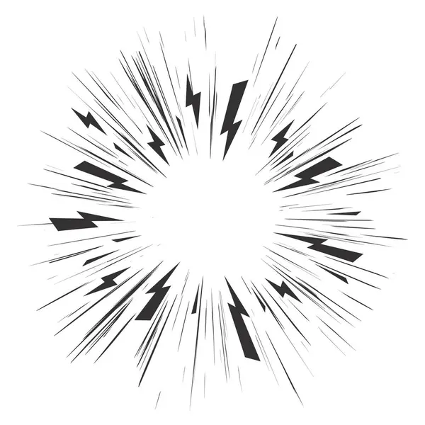 Komik hız çizgileri. Manga radyal patlama etkisi beyaz arka planda. Parlamalı vektör aksiyon ışınları. Parıltı ve kükreme çizgileriyle patlama gücü. Çizgi film enerji çizimi