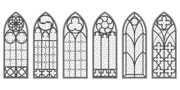 Gotik kilise pencereleri ortaçağ desenli. Lekeli cam katedral kemerleri. Beyaz arka planda klasik Katolik mimarisi şekilleri. Rönesans ana hatlarıyla dekorasyon. Vektör illüstrasyonu