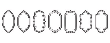 Ramazan çerçevesi şekilleri. Pencere Arap yayı ana hatları elementleri. Türk aksesuarlı kapı tasarımı. Müslüman doğulu çıkartma şablonu. Pankart ve rozet için geleneksel dekorasyon