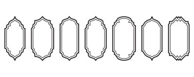 Ramazan çerçevesi şekilleri. Pencere Arap yayı ana hatları elementleri. Türk aksesuarlı kapı tasarımı. Müslüman doğulu çıkartma şablonu. Pankart ve rozet için geleneksel dekorasyon