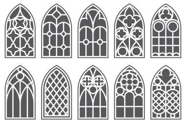 Kemerli çerçeveli kilise pencereleri. Katedral gotik vitray. Eski mimari öğeler. Beyaz arka planda izole edilmiş ortaçağ kale kapıları siluetleri. Katolik iç dekorasyonu.