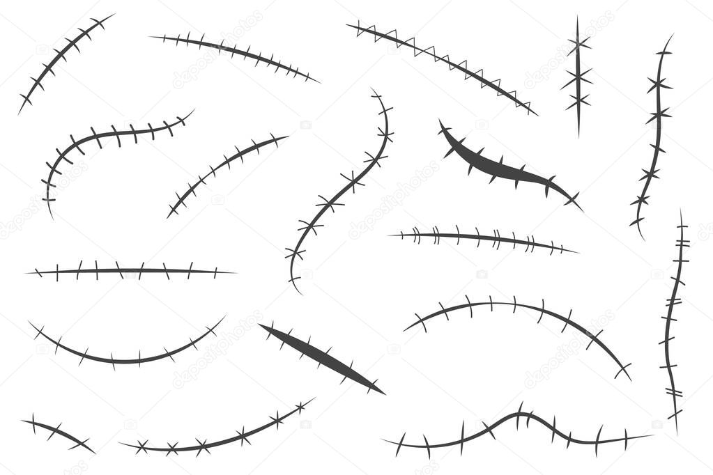 Skin scars and stitch vector illustrations. Simple black medical icons.