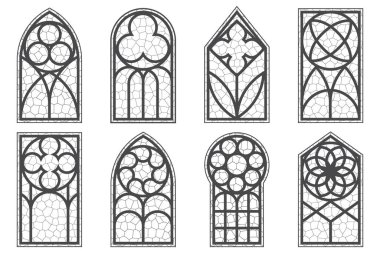 Kemerli çerçeveli ve boyalı camlı gotik kilise pencereleri. Ortaçağ mahsulü. Katedral mimari dekorasyonları geometrik süsler. Hristiyan kilisesinin içinde ana hatları antik oymalar var.