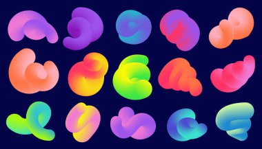 Koyu arkaplanda soyut renk şekilleri var. Sıvı 3D vektör elementleri. Akışkan dalgalar ve girdap sarmalları. Dinamik trend parlak karalamalar poster tasarımı için yumuşak derecelendirme seti