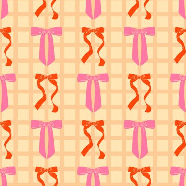 Şirin pembe düğümlü, pürüzsüz yay desenli. Moda dekoratif kız unsurlarıyla vektör illüstrasyonu. Tatil ve parti için flörtöz dama tahtası geçmişi.