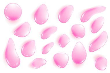 Pembe su damlaları beyaz arka planda izole edilmiş. Vektör jöle kolajeni ve serum sıvı jel dokusu. Güzellik ve cilt bakımı için nemli kozmetik yağı. Üst görünümü damlatır ve su damlatır