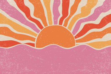 Radyal ışınlar ve deniz dalgalarıyla geçmişe dönük günbatımı. Vektör dokusu 70 'lerin soyut yaz posteri. Turuncu ve pembe kirişli modern moda grunge tasarımı.