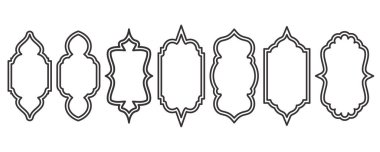 Ramazan çerçevesi şekilleri. Pencere Arap yayı ana hatları elementleri. Türk aksesuarlı kapı tasarımı. Müslüman doğulu çıkartma şablonu. Pankart ve rozet için geleneksel dekorasyon