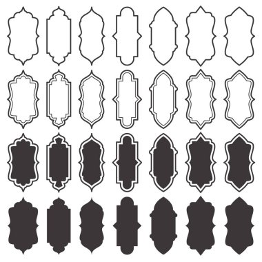 Ramazan çerçeve şekilleri ayarlandı. Hint pencere tasarımı. Süslü Türk İslami kemeri. Vektör arabesk kapı simgeleri. Müslüman doğulu mimari unsurları. Etiket etiketi siluetleri. Geleneksel işaretler