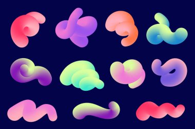 Üç boyutlu gradyan şekiller. Soyut renk sıvısı dalgalı çizgiler. Koyu arkaplanda parlak harmanlanmış elementler. Döndürücü modern dinamik vuruşlar. Moda organik karalama seti