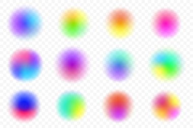 Gradyan bulanık daire şekilleri. Renkli sıvı elementler. Beyaz zemin üzerinde yumuşak ışık vektörü holografik elementleri. Tasarım için neon auralı yuvarlak kabarcıklar. Harmanlanmış yanardöner organik kabarcıklar.