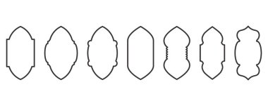 Ramazan çerçevesi şekilleri. Pencere Arap yayı ana hatları elementleri. Türk aksesuarlı kapı tasarımı. Müslüman doğulu çıkartma şablonu. Pankart ve rozet için geleneksel dekorasyon