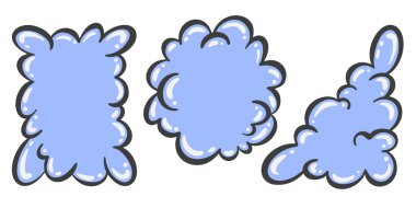 Sabun köpüğü karikatür vektör düz çizimler. Beyaz zemin üzerinde su köpükleri bulutları. Mavi sıvı duş jeli ve şampuan yığını.