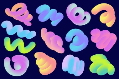 Üç boyutlu soyut eğim şekilleri. Renkli sıvı dalgalı çizgiler. Koyu arkaplanda parlak harmanlanmış holografik borular. Döner modern dinamik vuruşlar. Yaratıcı poster için vektör enerjili elementler