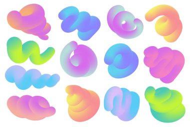 Üç boyutlu soyut eğim şekilleri. Renkli sıvı dalgalı çizgiler. Beyaz arka planda parlak harmanlanmış holografik borular. Döner modern karalama vuruşları. Yaratıcı poster için vektör enerjili elementler