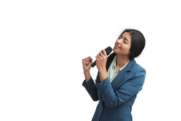 Young Venezuelan Woman Singing Microphone Isolated White Background — Stockfoto