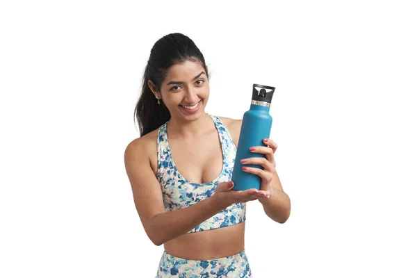 Young Venezuelan Sportswoman Smiling Looking Camera Water Bottle Isolated White — ストック写真
