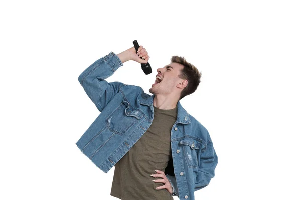 Young Caucasian Man Singing Microphone Isolated White Background — Foto Stock