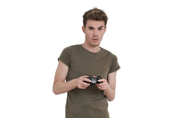 Young Caucasian Man Playing Video Games Joystick Isolated White Background — ストック写真