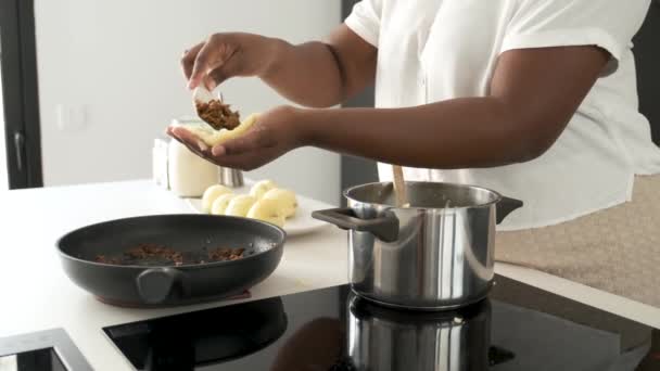 Close Mãos Mulher Cubana Enchendo Purê Batatas Com Carne Picada — Vídeo de Stock
