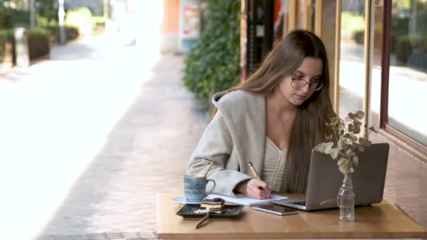 Ondernemer Werkt Met Een Notebook Een Laptop Een Coffeeshop Digitale — Stockvideo