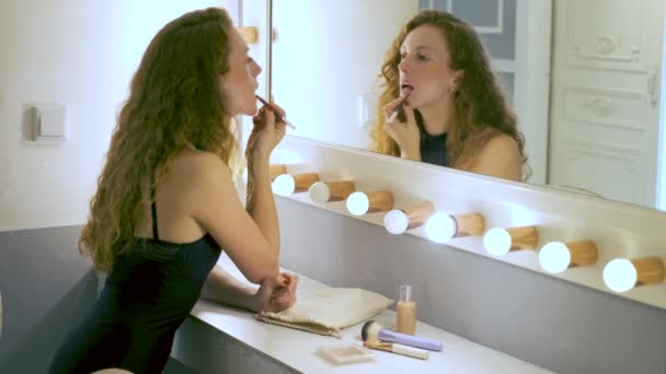 Young Ballerina Applying Lipstick Make Front Mirror — Vídeo de stock