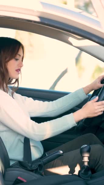 Young Caucasian Woman Stopping Car Unfastening Her Seat Belt Drive — Stock video
