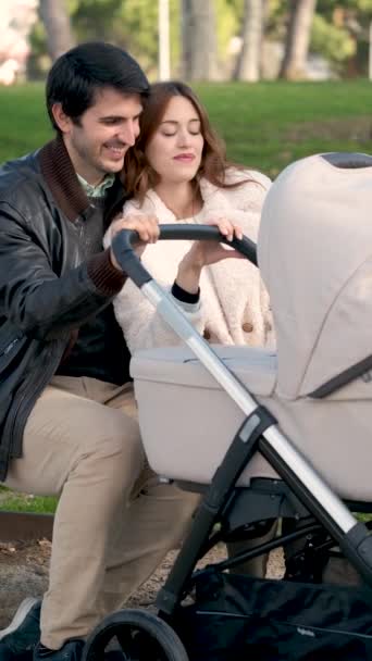 Couple Looking Baby While Rocking Stroller Playing Dog Sitting Bench — Video Stock