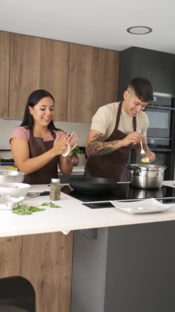 Two Young Latin People Moulding Dough Arepa Cooking Pot Kitchen — Stockvideo