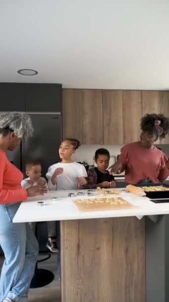 African Family Dancing Singing While Cutting Cookie Shapes Cookie Dough — Stok Video