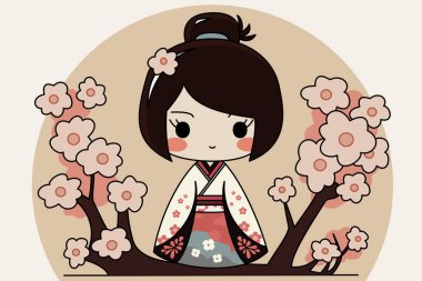 Japanese chibi female character with traditional kimono. Sakura flowers, hanami background. Vector illustration.