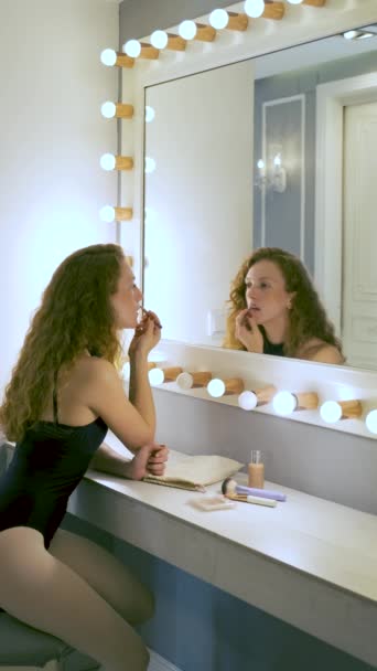 Young Ballerina Applying Lipstick Make Front Mirror — Wideo stockowe
