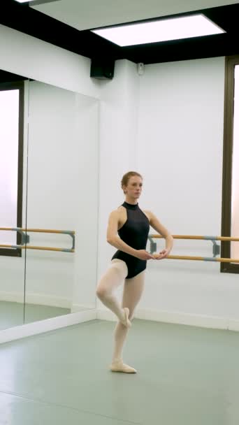 Young Ballerina Practicing Ballet Ballet School Positions Dance Studio — Stockvideo