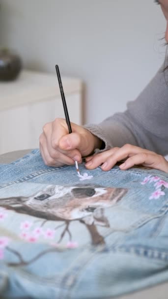 Unrecognizable Woman Painting Design Deer Flowers Denim Jacket Womans Creative — Video