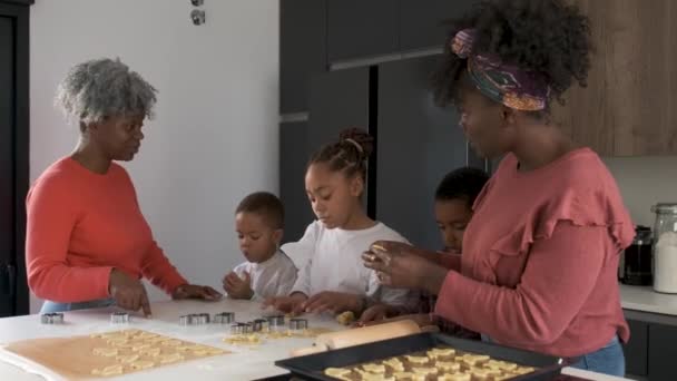 African Family Cutting Cookie Shapes Cookie Dough Kitchen Horizontal Extended — ストック動画