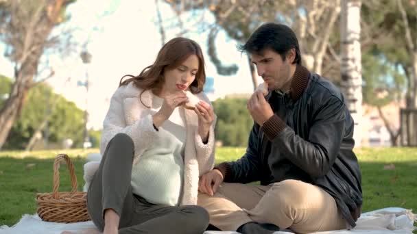 Young Couple Eating Sandwich Kissing Picnic Park Dog — Vídeos de Stock