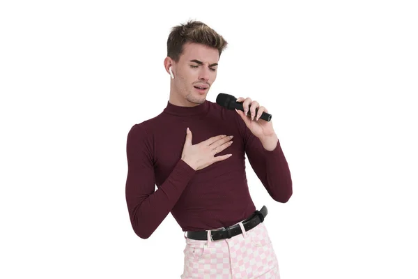 Young Caucasian Man Singing Microphone Isolated White Background — ストック写真