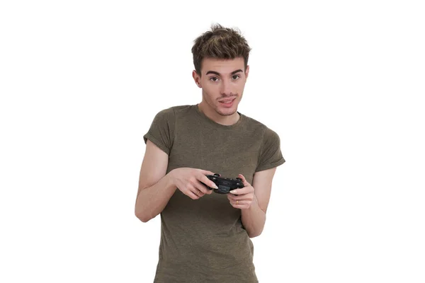 Молодий Кавказький Чоловік Програє Відеоіграх Джойстиком Ізольовані Білому Тлі — стокове фото