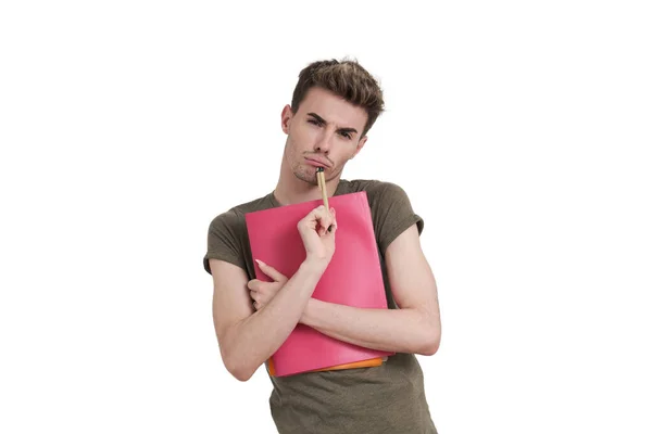 Young Caucasian Student Thinking Folder Isolated White Background — Foto de Stock