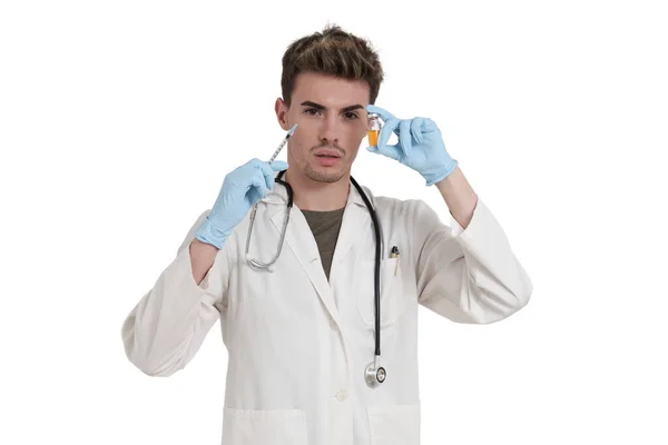 Young Caucasian Male Doctor Dose Vaccine Isolated White Background — Stok fotoğraf