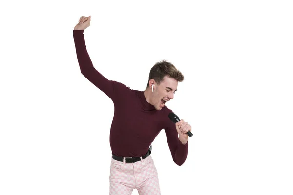 Young Caucasian Man Singing Microphone Isolated White Background — Stock Fotó